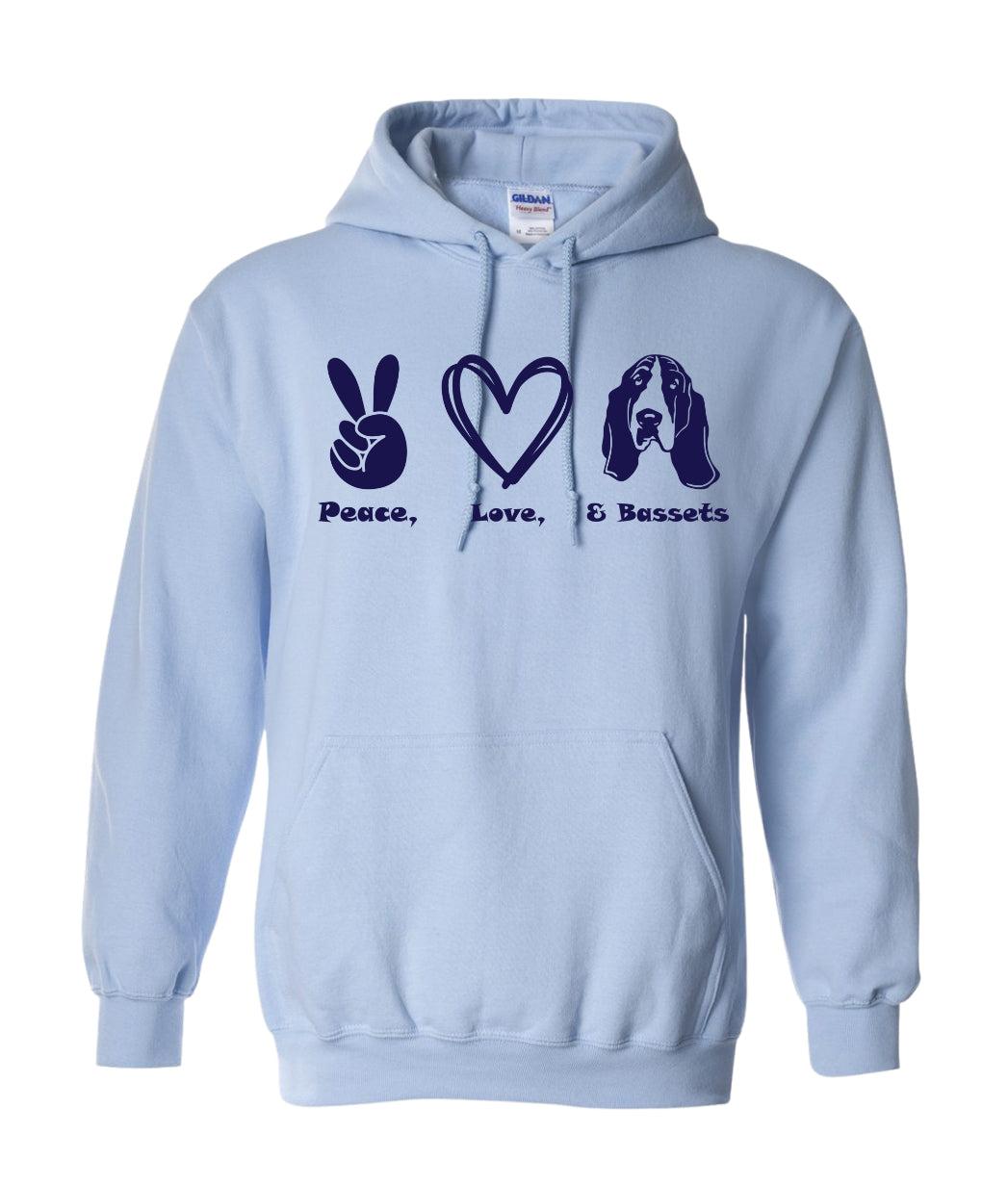 Peace, Love, Basset Hoodie
