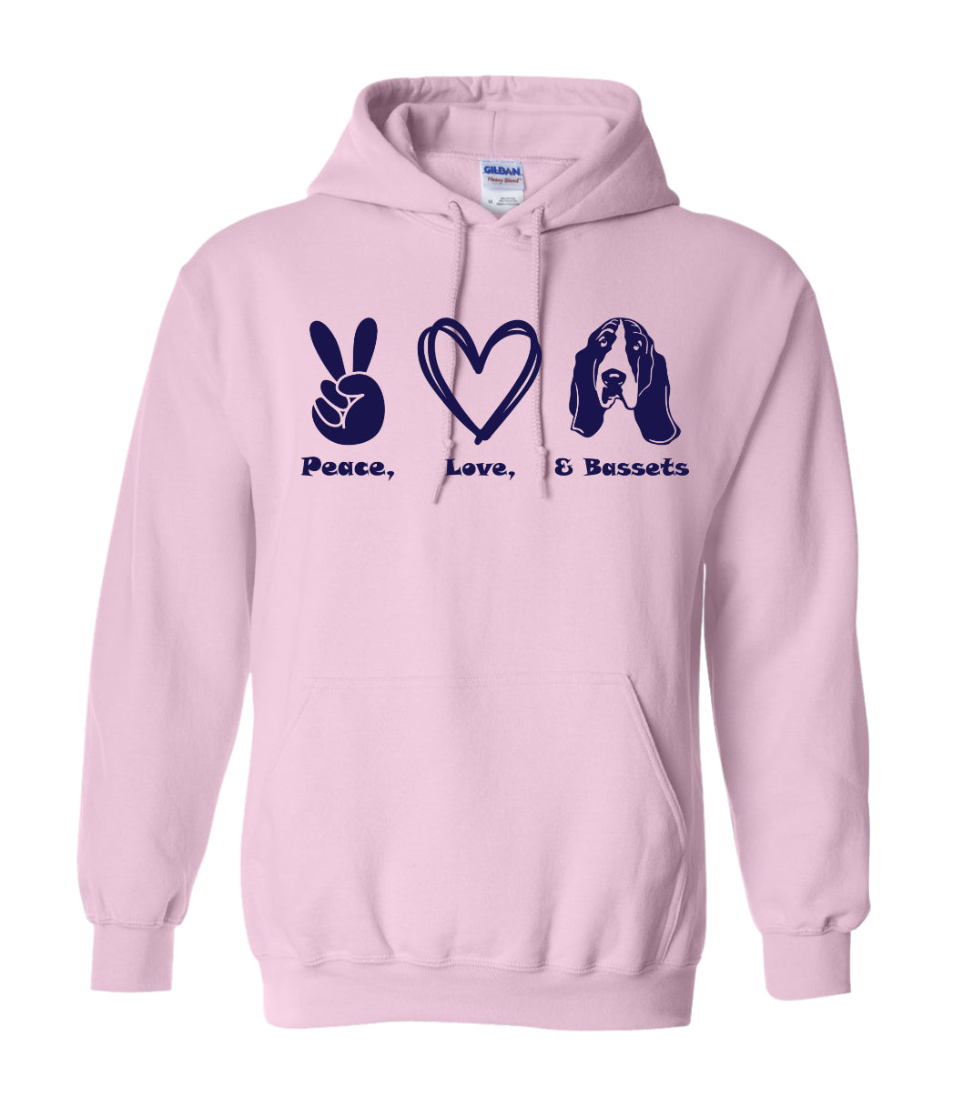 Peace, Love, Basset Hoodie