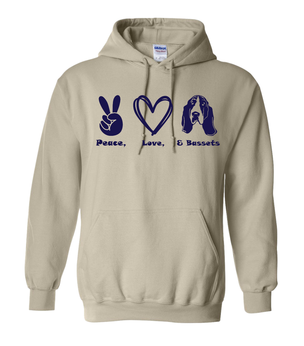Peace, Love, Basset Hoodie