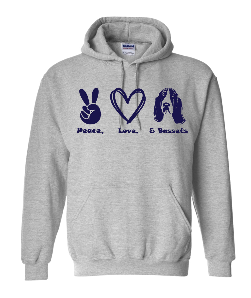 Peace, Love, Basset Hoodie