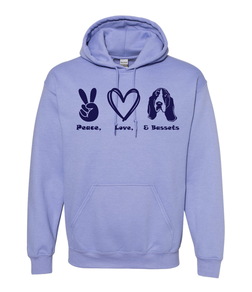 Peace, Love, Basset Hoodie